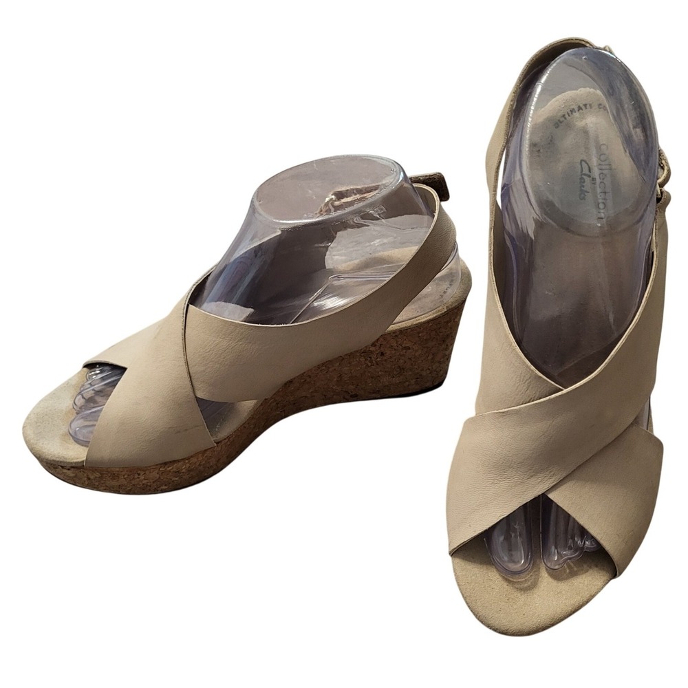 Clarks Collection Women Beige Leather Straps Cork Wedge Sandals 9 Comfort Boho